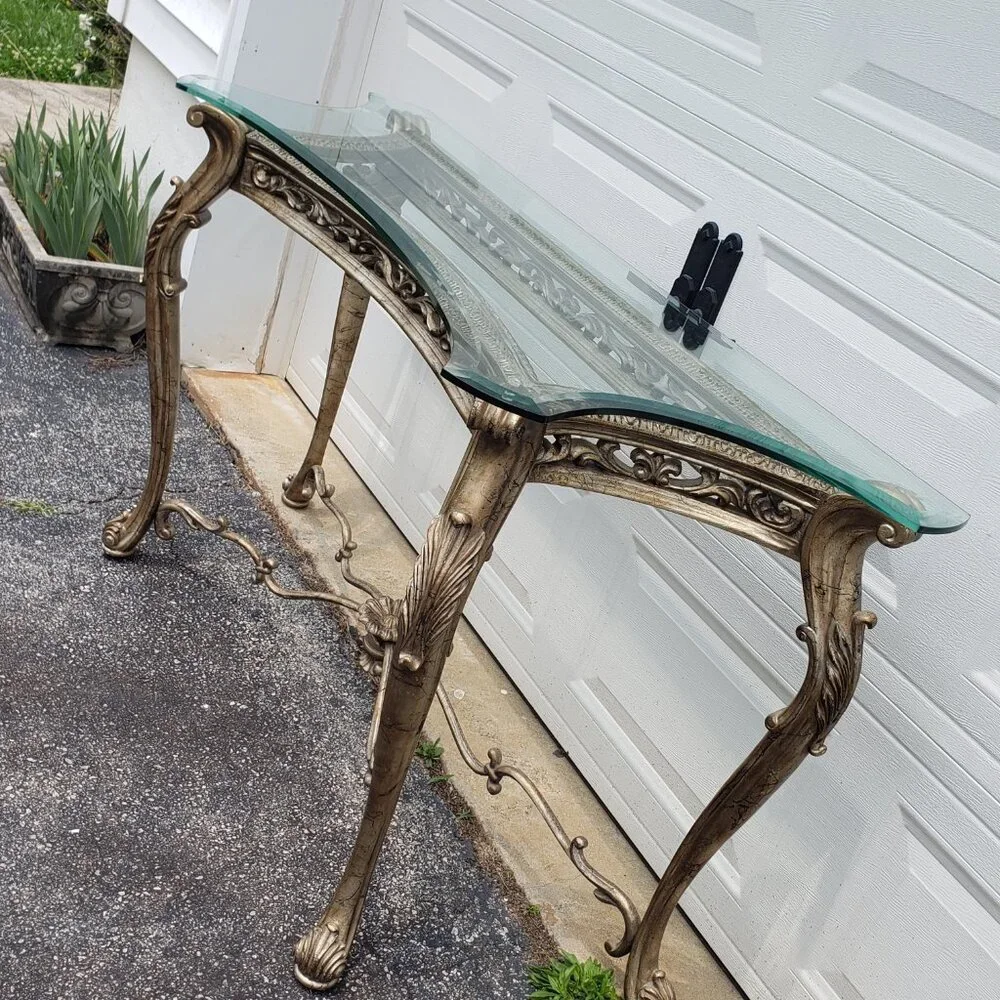 Luxury Console & Mirror Set – Beveled Glass & Gold Leaf Accents Sale: $1550